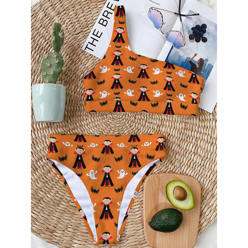 Cartoon Dracula Pattern Print One Shoulder Bikini Top