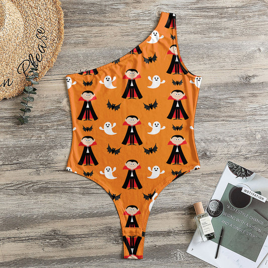 Cartoon Dracula Pattern Print One Shoulder Bodysuit