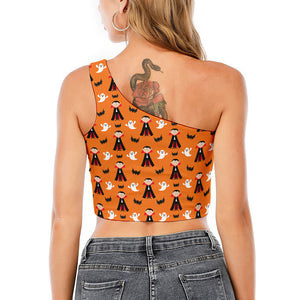 Cartoon Dracula Pattern Print One Shoulder Crop Top