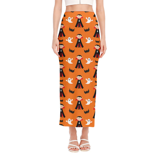 Cartoon Dracula Pattern Print Side Slit Maxi Skirt