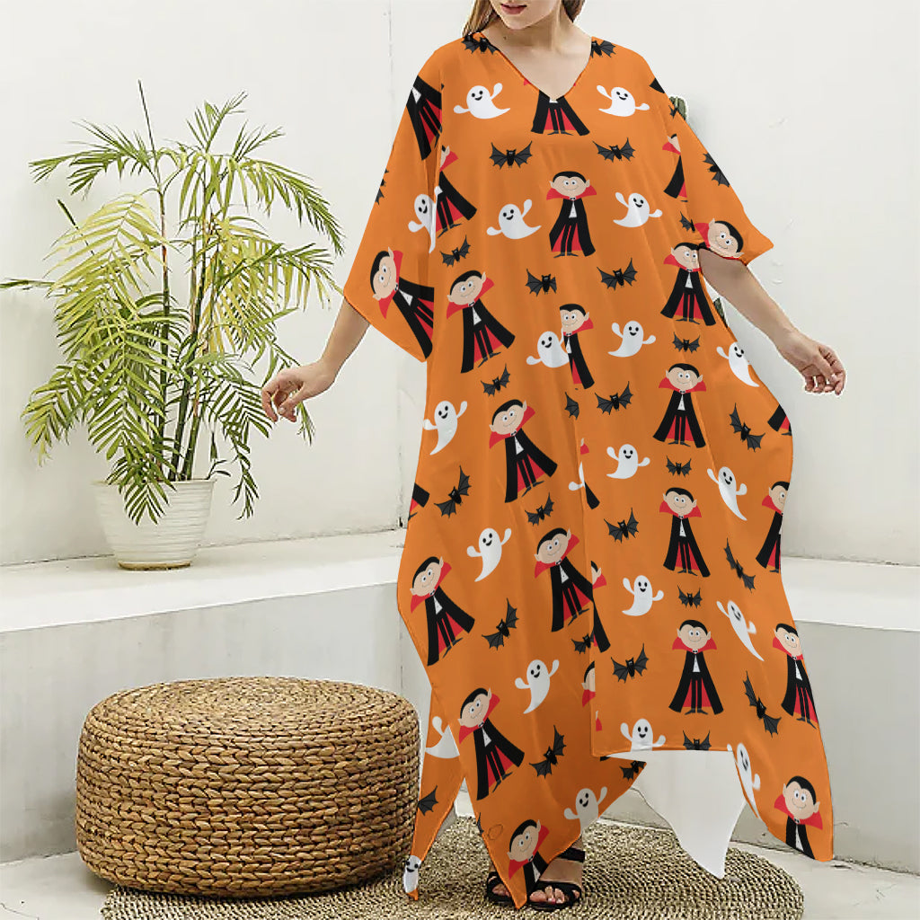 Cartoon Dracula Pattern Print Silk V-Neck Kaftan Dress