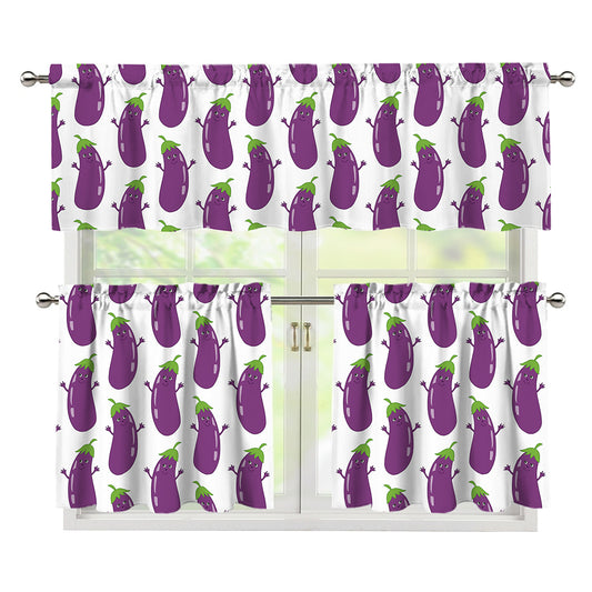 Cartoon Eggplant Pattern Print 3 Piece Kitchen Curtains