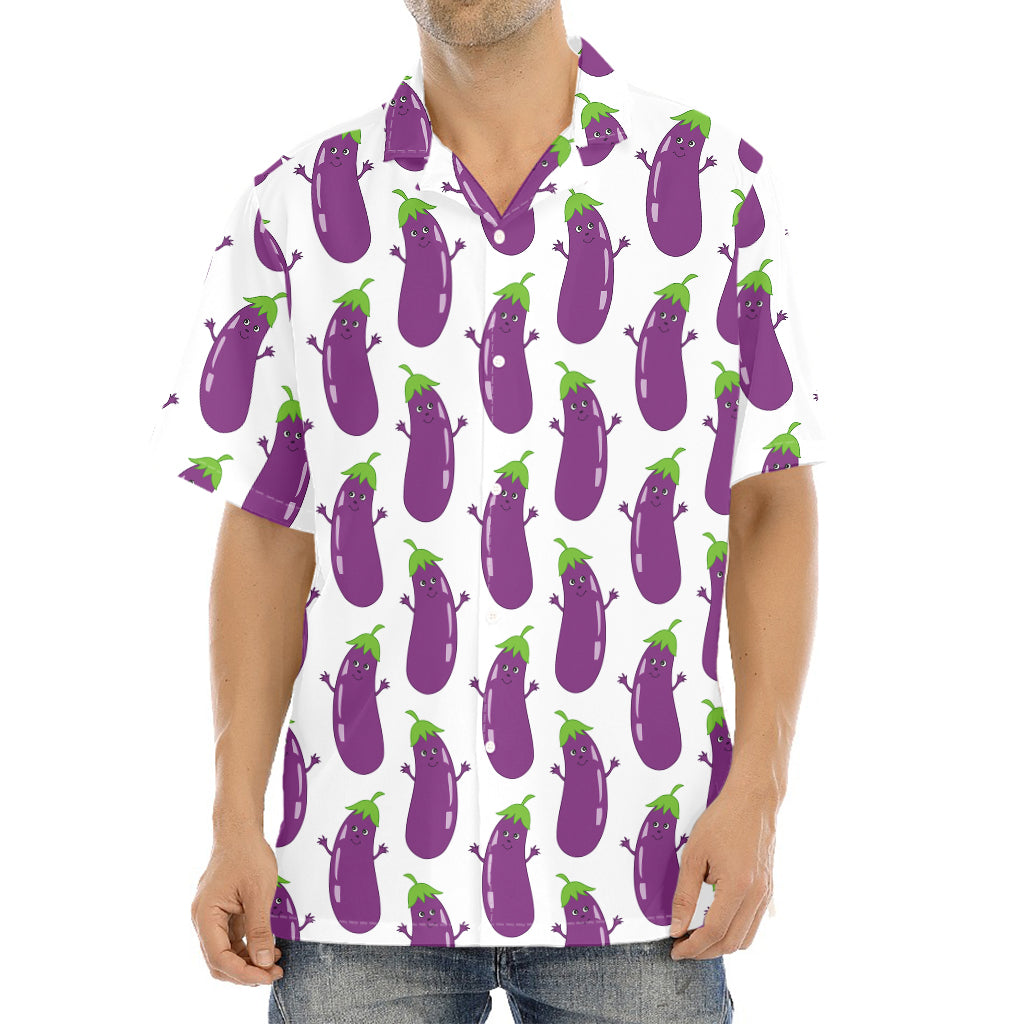 Cartoon Eggplant Pattern Print Aloha Shirt