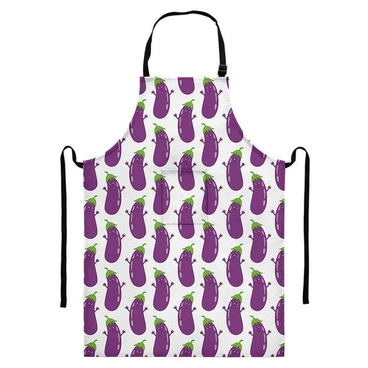 Cartoon Eggplant Pattern Print Bib Apron With Pocket