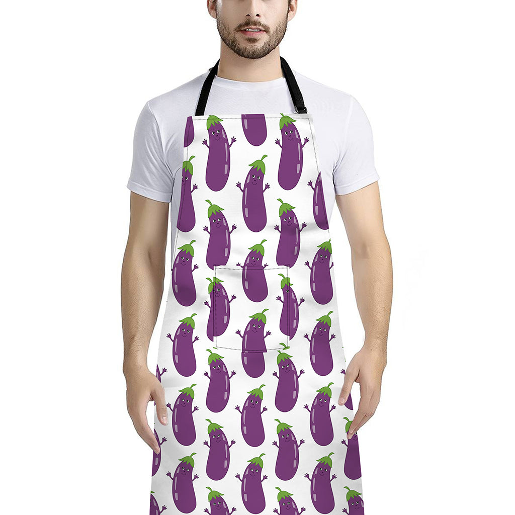 Cartoon Eggplant Pattern Print Bib Apron With Pocket