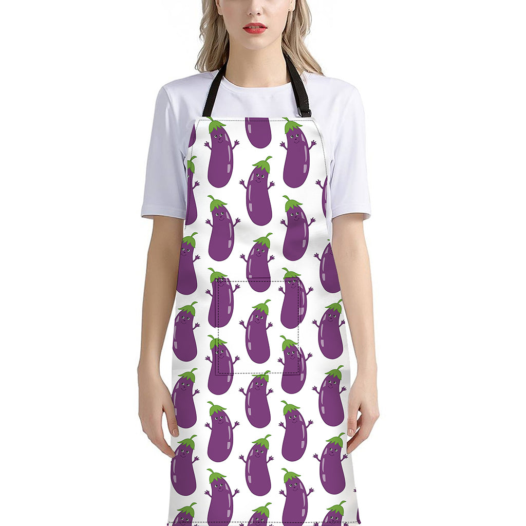 Cartoon Eggplant Pattern Print Bib Apron With Pocket