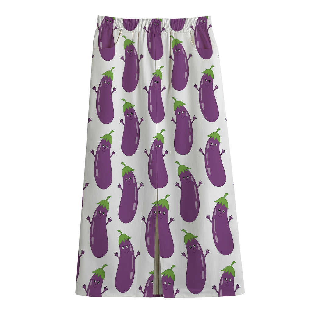 Cartoon Eggplant Pattern Print Cotton Front Slit Maxi Skirt