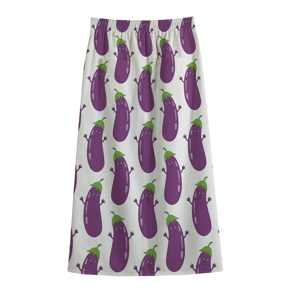 Cartoon Eggplant Pattern Print Cotton Front Slit Maxi Skirt