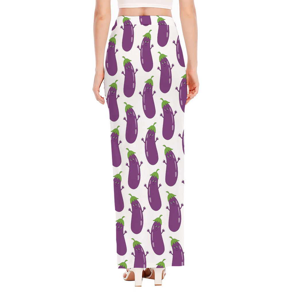 Cartoon Eggplant Pattern Print High Slit Maxi Skirt