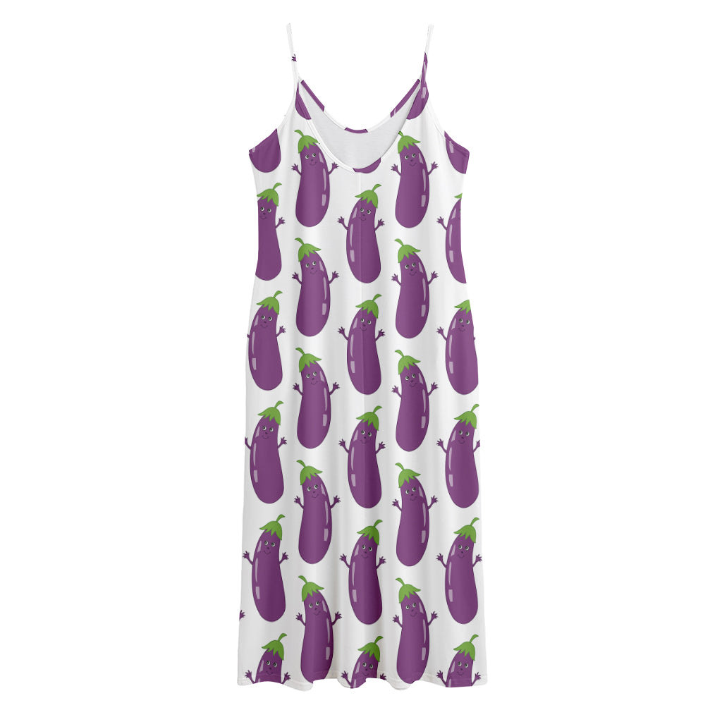 Cartoon Eggplant Pattern Print Jersey Midi Cami Dress