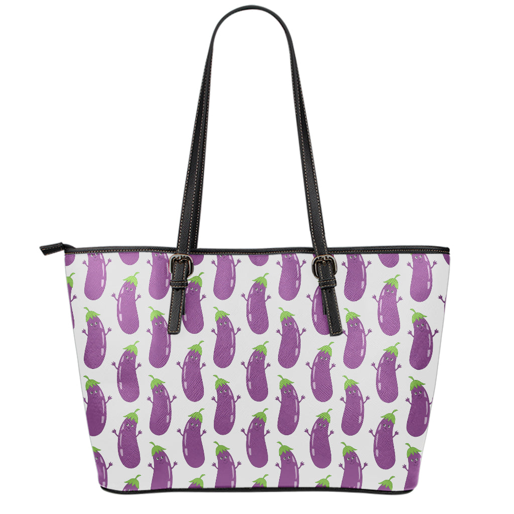 Cartoon Eggplant Pattern Print Leather Tote Bag