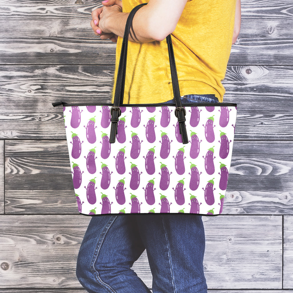 Cartoon Eggplant Pattern Print Leather Tote Bag