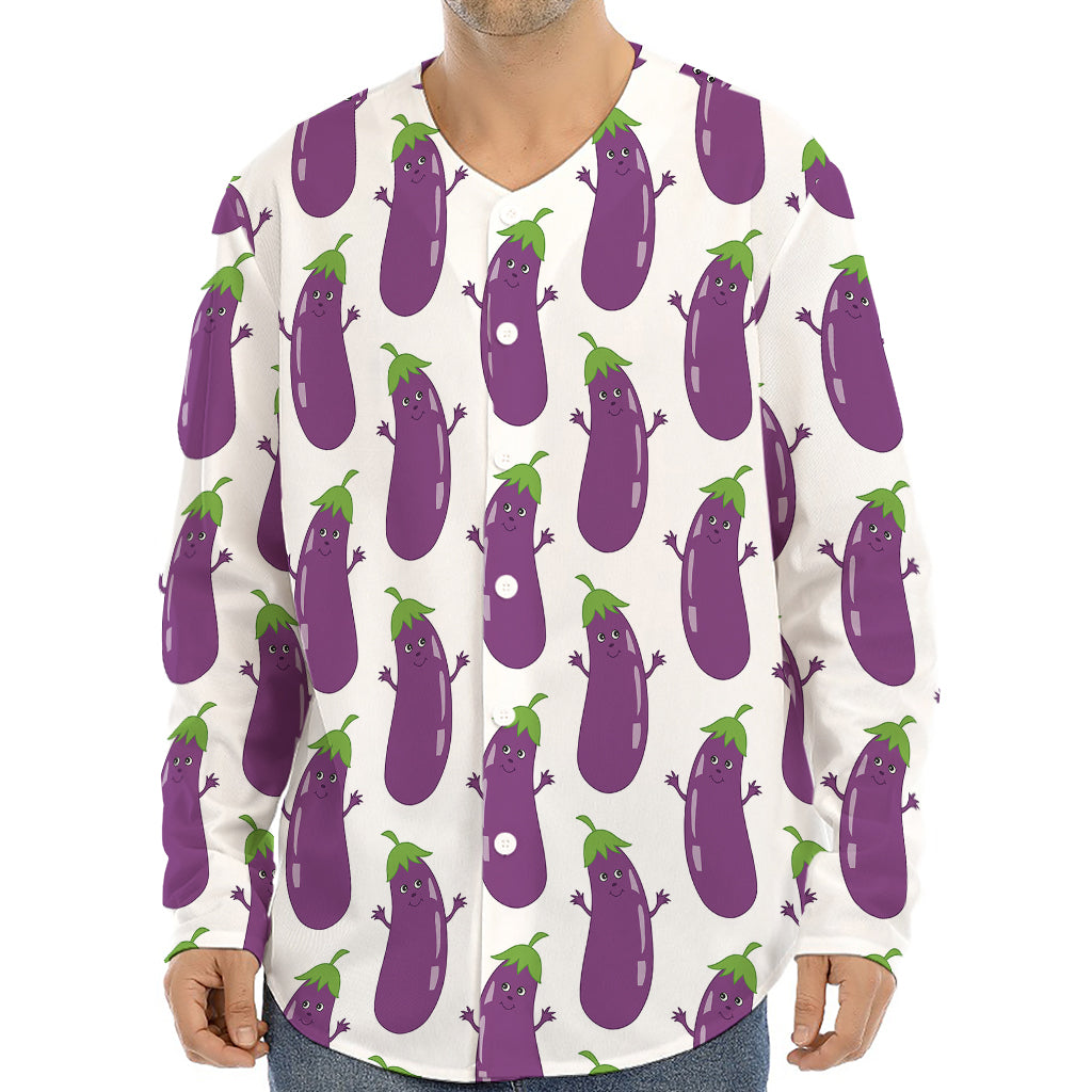 Cartoon Eggplant Pattern Print Long Sleeve Baseball Jersey