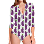 Cartoon Eggplant Pattern Print Long Sleeve Swimsuit