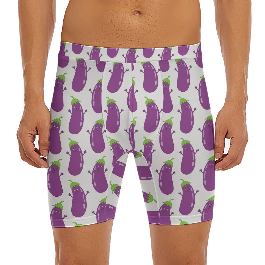 Cartoon Eggplant Pattern Print Men's Long Boxer Briefs