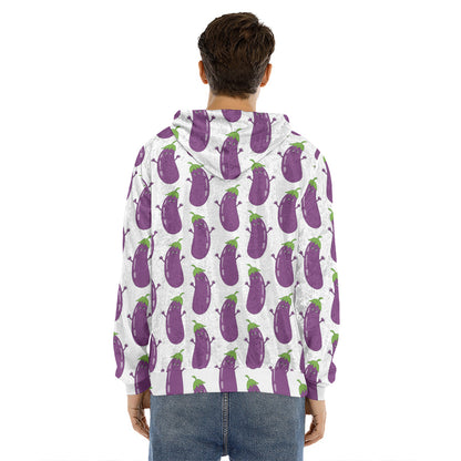 Cartoon Eggplant Pattern Print Men's Velvet Pullover Hoodie