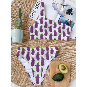 Cartoon Eggplant Pattern Print One Shoulder Bikini Top