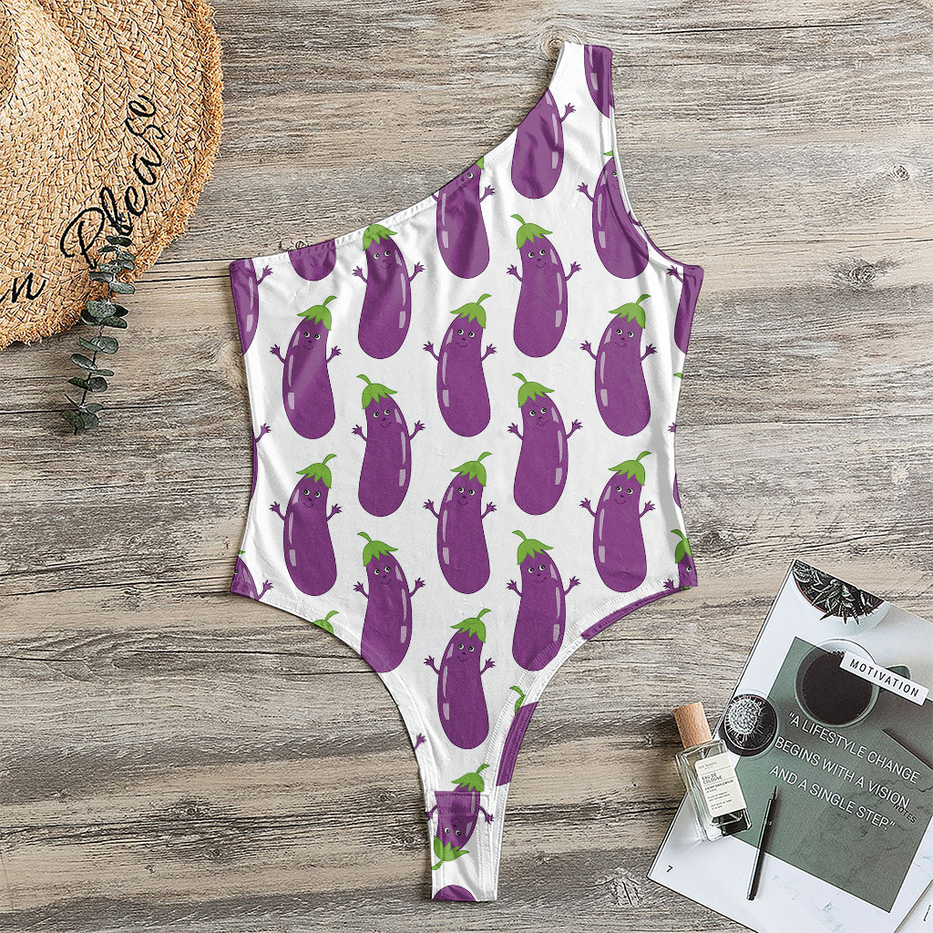 Cartoon Eggplant Pattern Print One Shoulder Bodysuit