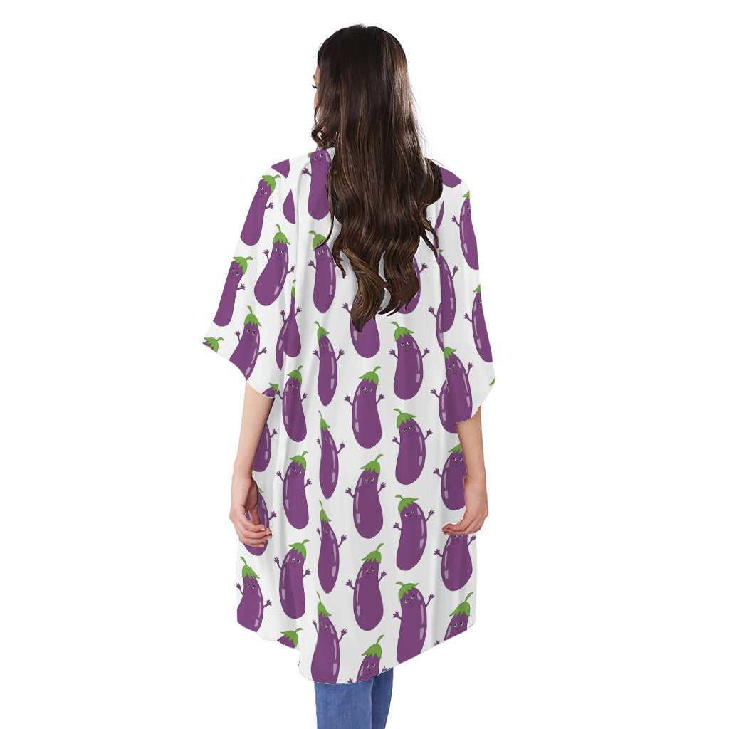 Cartoon Eggplant Pattern Print Open Front Beach Cover Up