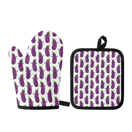 Cartoon Eggplant Pattern Print Oven Mitt And Pot Holder Set