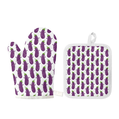 Cartoon Eggplant Pattern Print Oven Mitt And Pot Holder Set