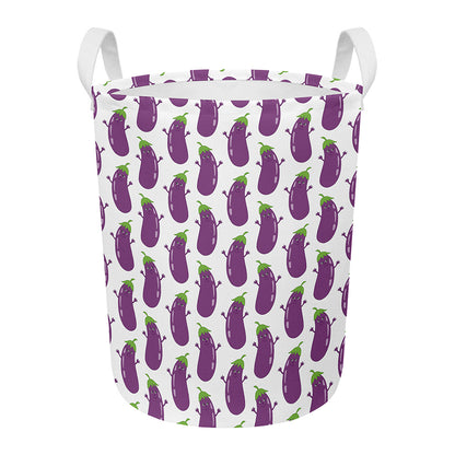 Cartoon Eggplant Pattern Print Round Laundry Basket