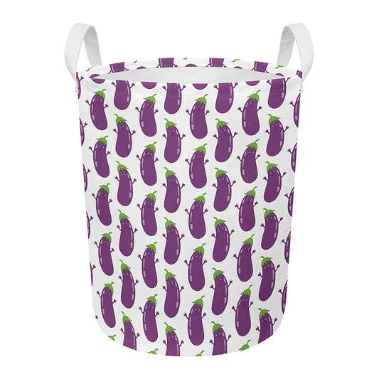 Cartoon Eggplant Pattern Print Round Laundry Basket