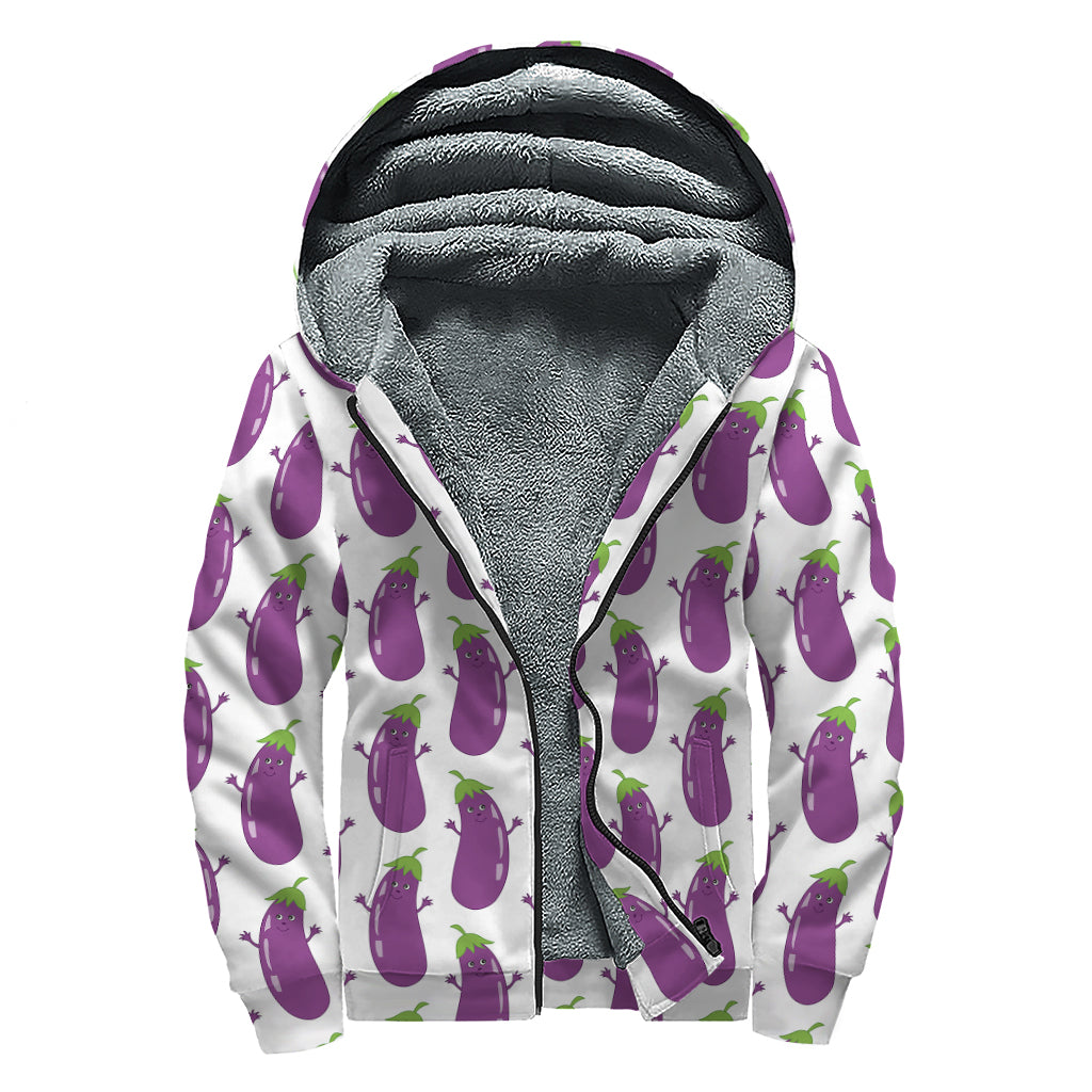 Cartoon Eggplant Pattern Print Sherpa Lined Zip Up Hoodie
