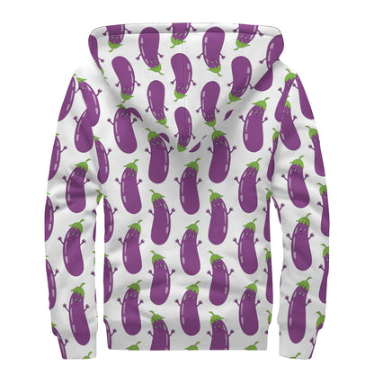 Cartoon Eggplant Pattern Print Sherpa Lined Zip Up Hoodie