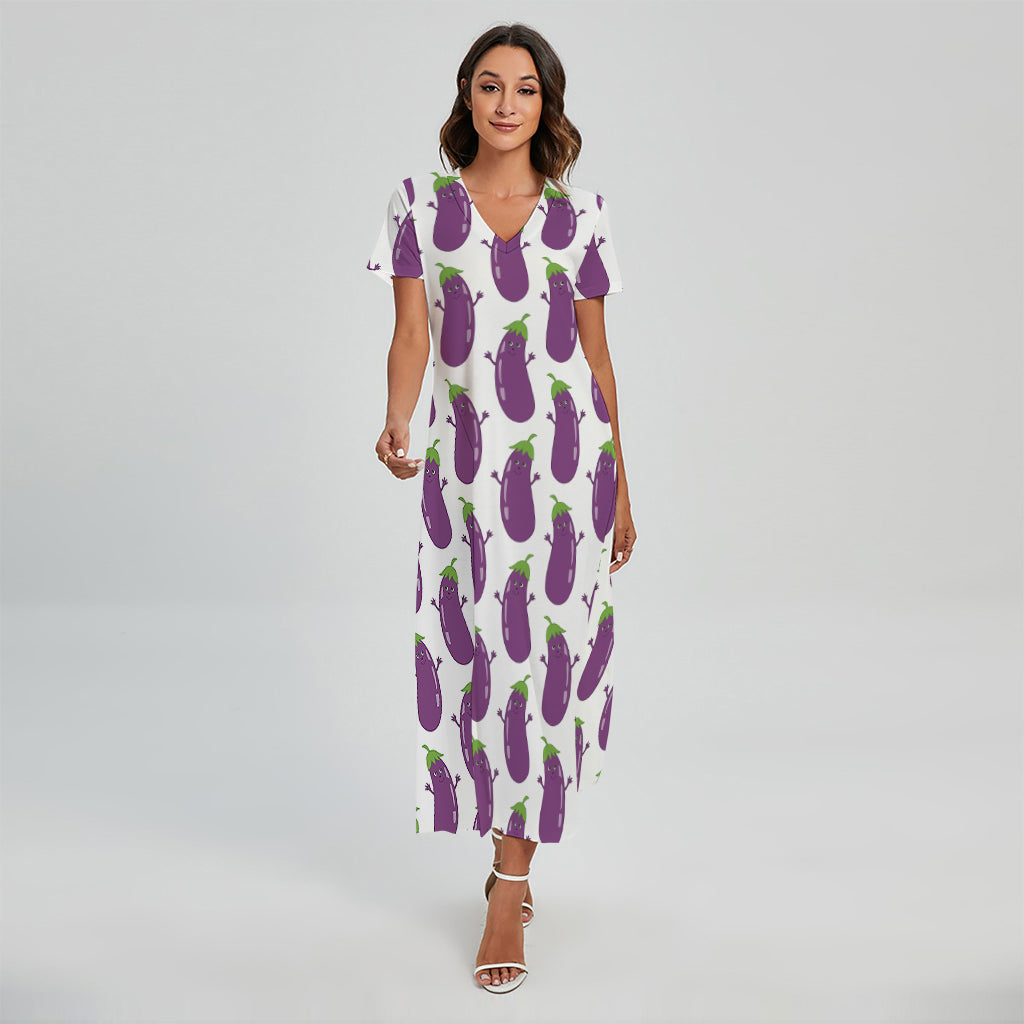 Cartoon Eggplant Pattern Print Short Sleeve Maxi Dress