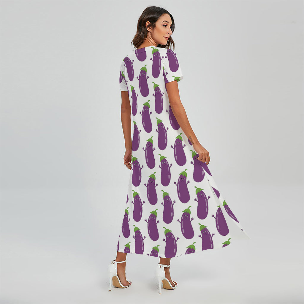 Cartoon Eggplant Pattern Print Short Sleeve Maxi Dress