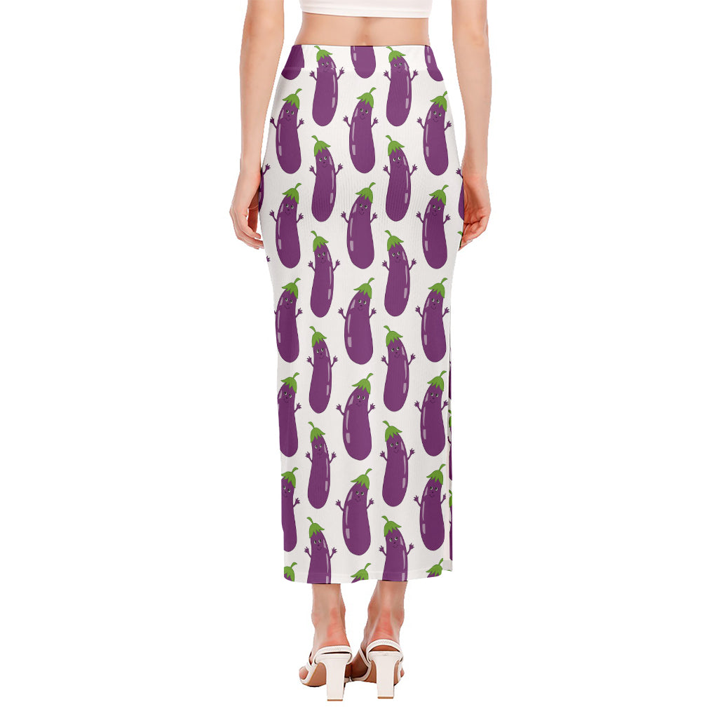 Cartoon Eggplant Pattern Print Side Slit Maxi Skirt