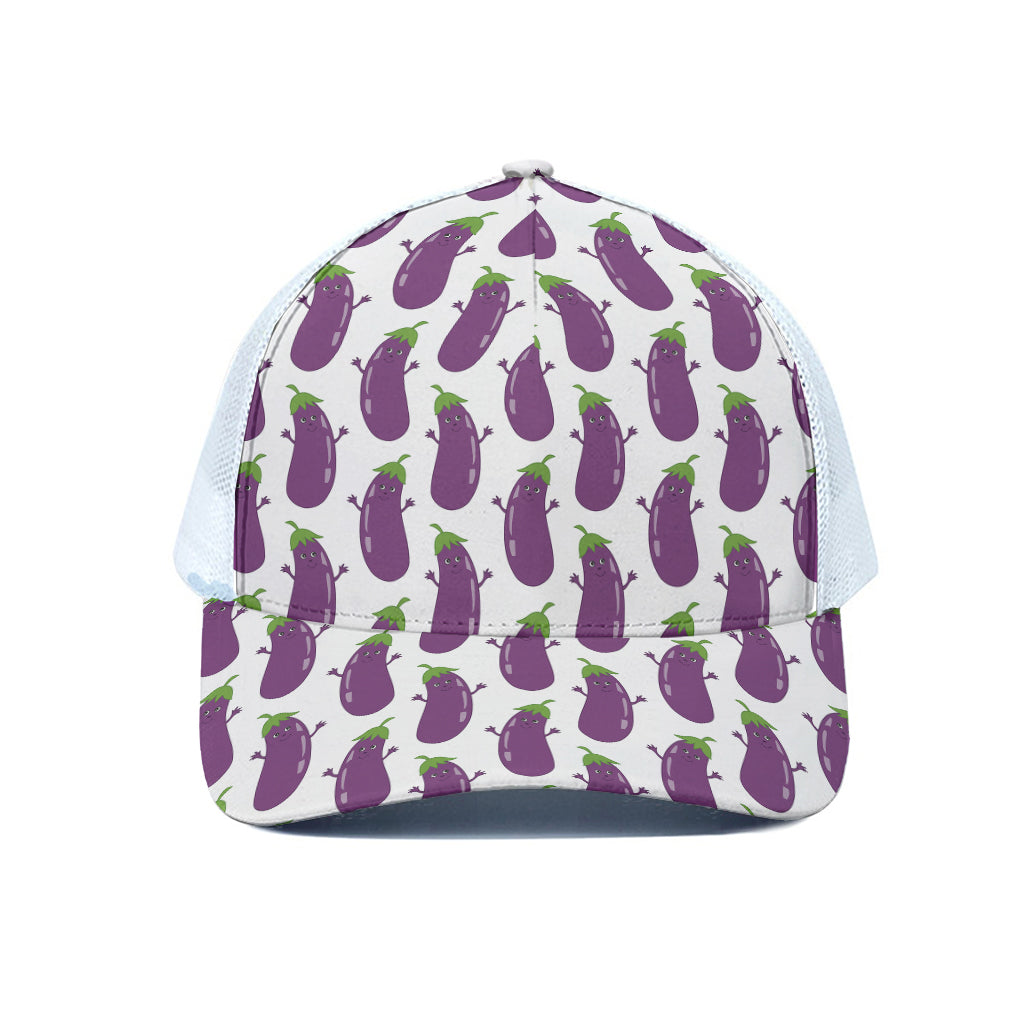 Cartoon Eggplant Pattern Print White Mesh Trucker Cap