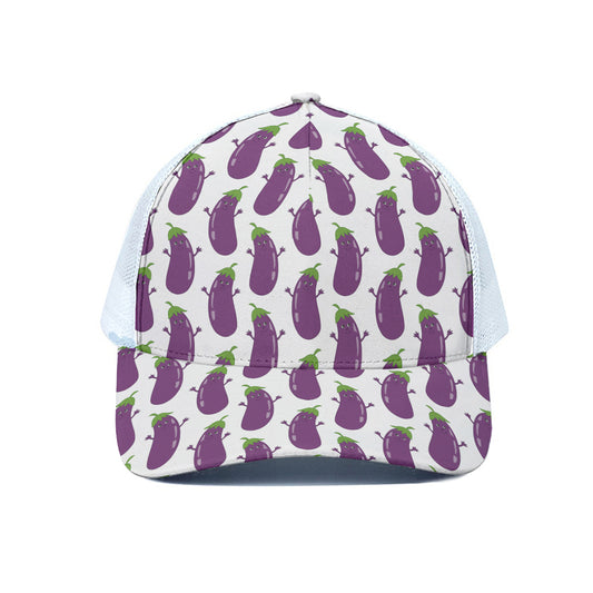 Cartoon Eggplant Pattern Print White Mesh Trucker Cap