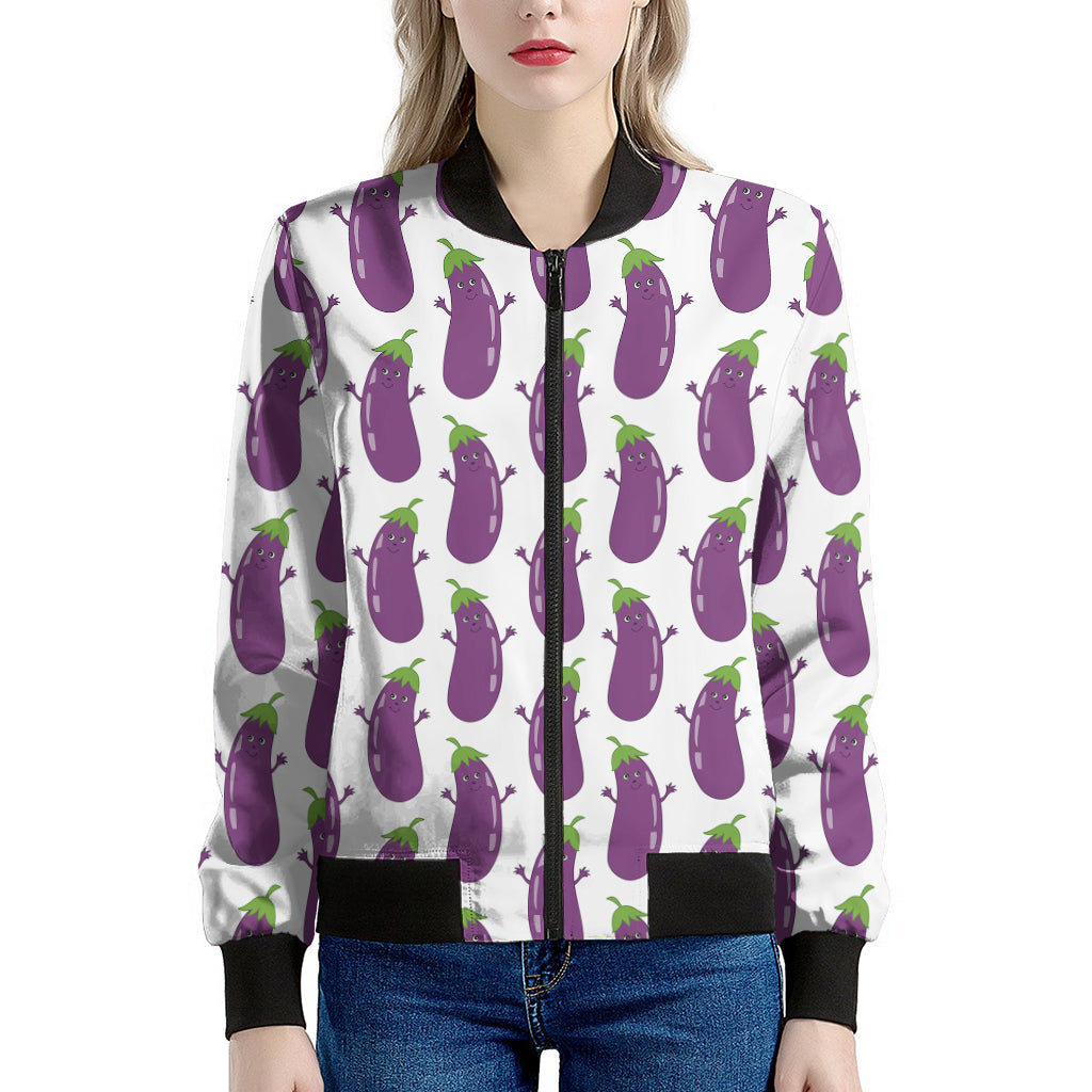 Cartoon Eggplant Pattern Print Women's Bomber Jacket