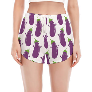 Cartoon Eggplant Pattern Print Women's Split Running Shorts