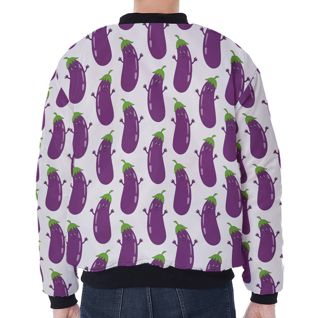 Cartoon Eggplant Pattern Print Zip Sleeve Bomber Jacket