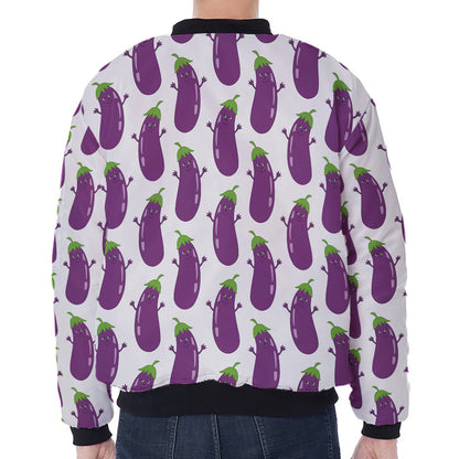 Cartoon Eggplant Pattern Print Zip Sleeve Bomber Jacket