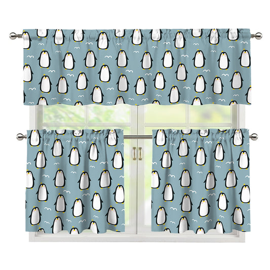 Cartoon Emperor Penguin Pattern Print 3 Piece Kitchen Curtains