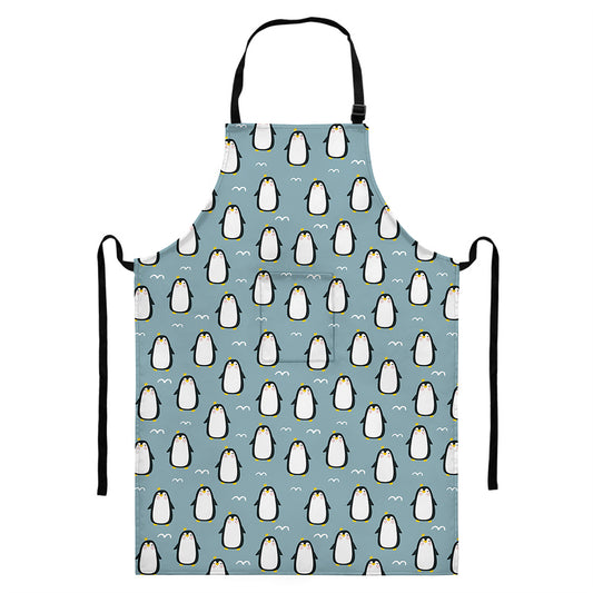 Cartoon Emperor Penguin Pattern Print Bib Apron With Pocket