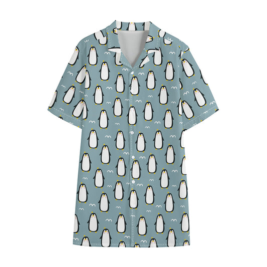 Cartoon Emperor Penguin Pattern Print Cotton Hawaiian Shirt