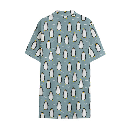 Cartoon Emperor Penguin Pattern Print Cotton Hawaiian Shirt
