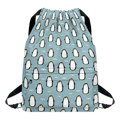 Cartoon Emperor Penguin Pattern Print Drawstring Backpack