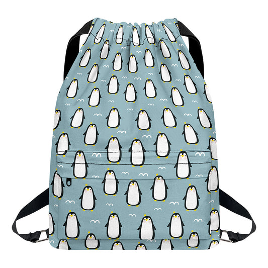 Cartoon Emperor Penguin Pattern Print Drawstring Backpack