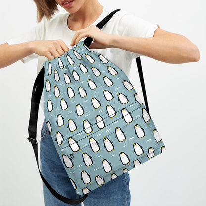 Cartoon Emperor Penguin Pattern Print Drawstring Backpack