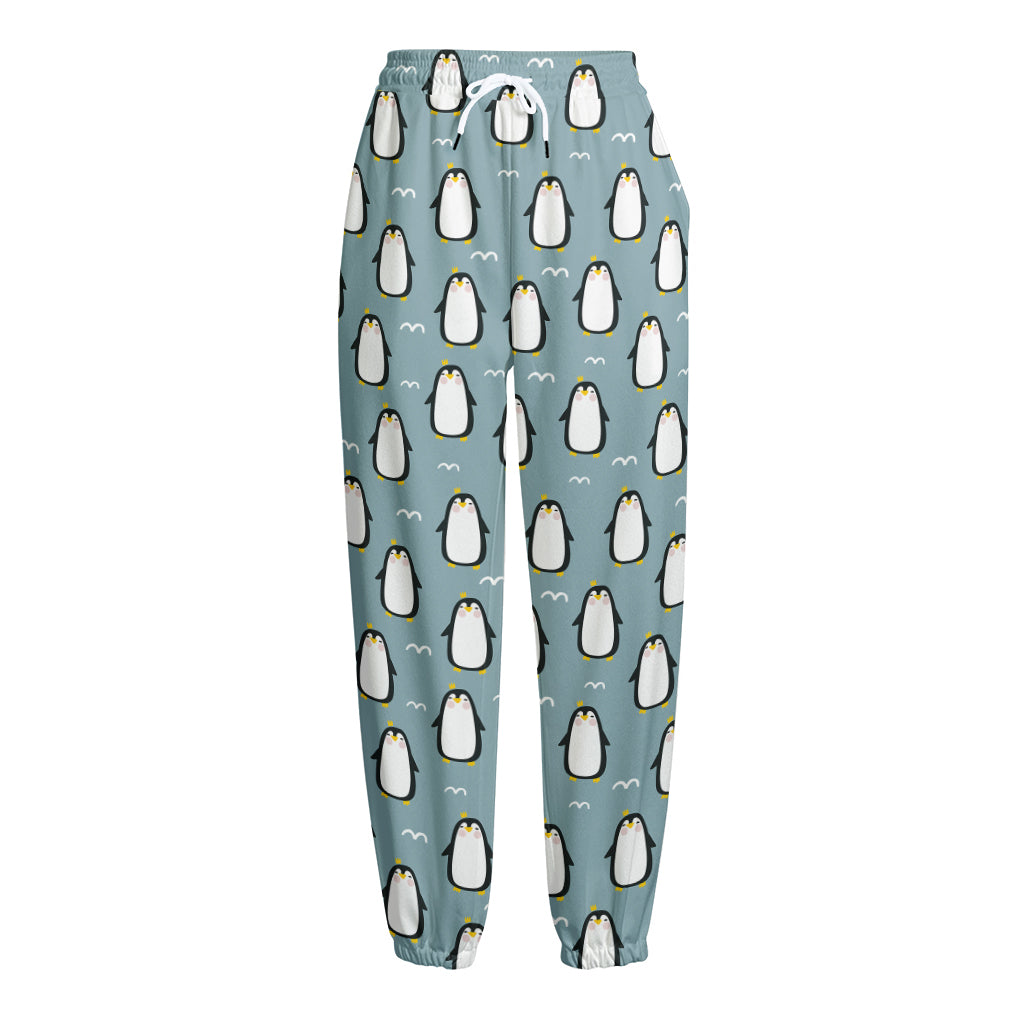 Cartoon Emperor Penguin Pattern Print Fleece Lined Knit Pants