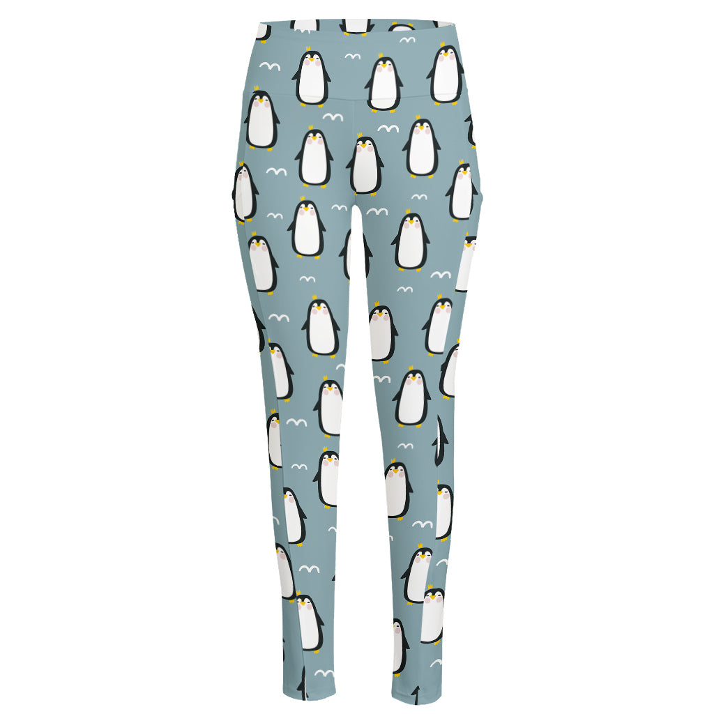 Cartoon Emperor Penguin Pattern Print High-Waisted Pocket Leggings