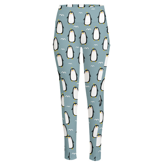 Cartoon Emperor Penguin Pattern Print High-Waisted Pocket Leggings