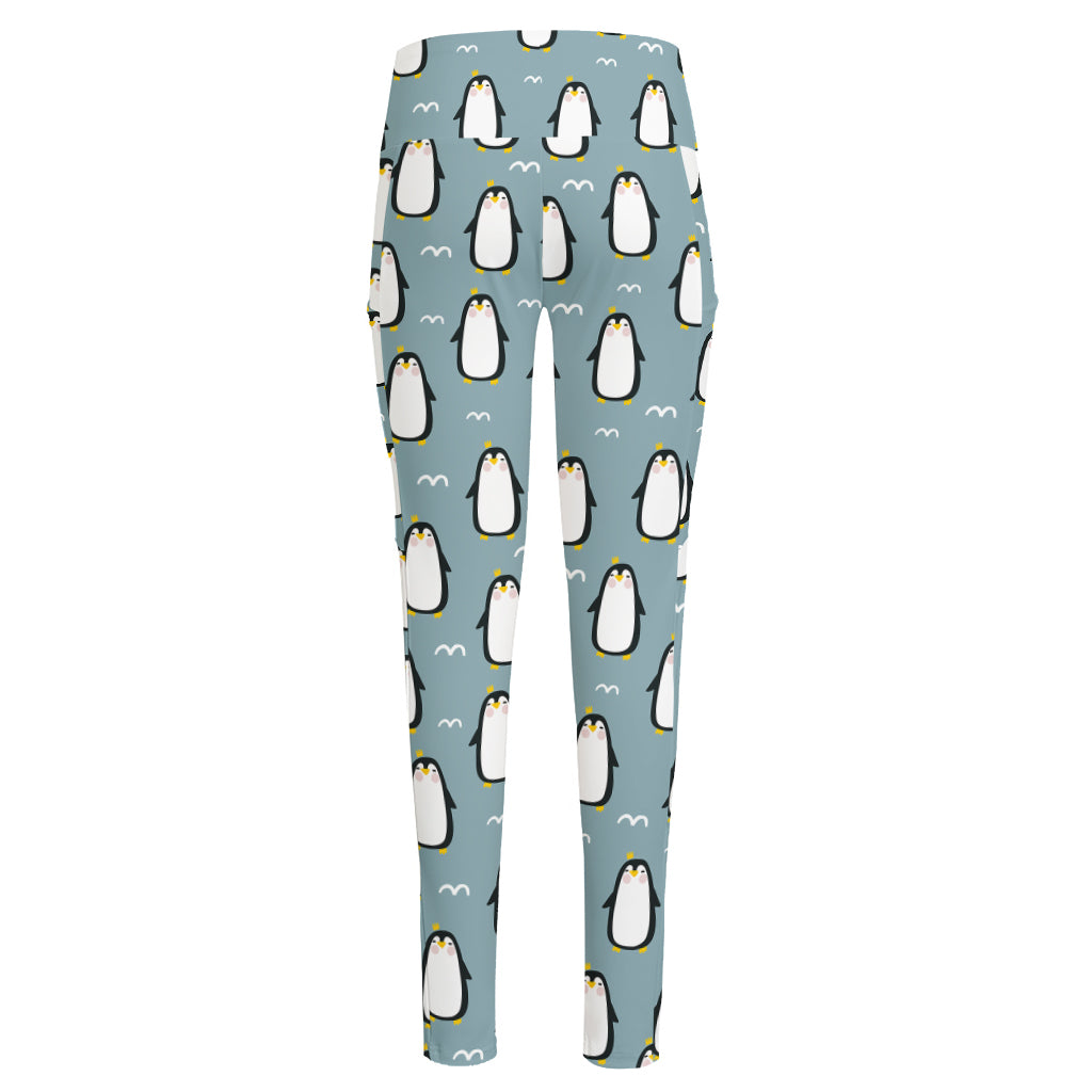 Cartoon Emperor Penguin Pattern Print High-Waisted Pocket Leggings