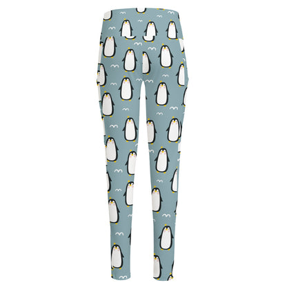 Cartoon Emperor Penguin Pattern Print High-Waisted Pocket Leggings
